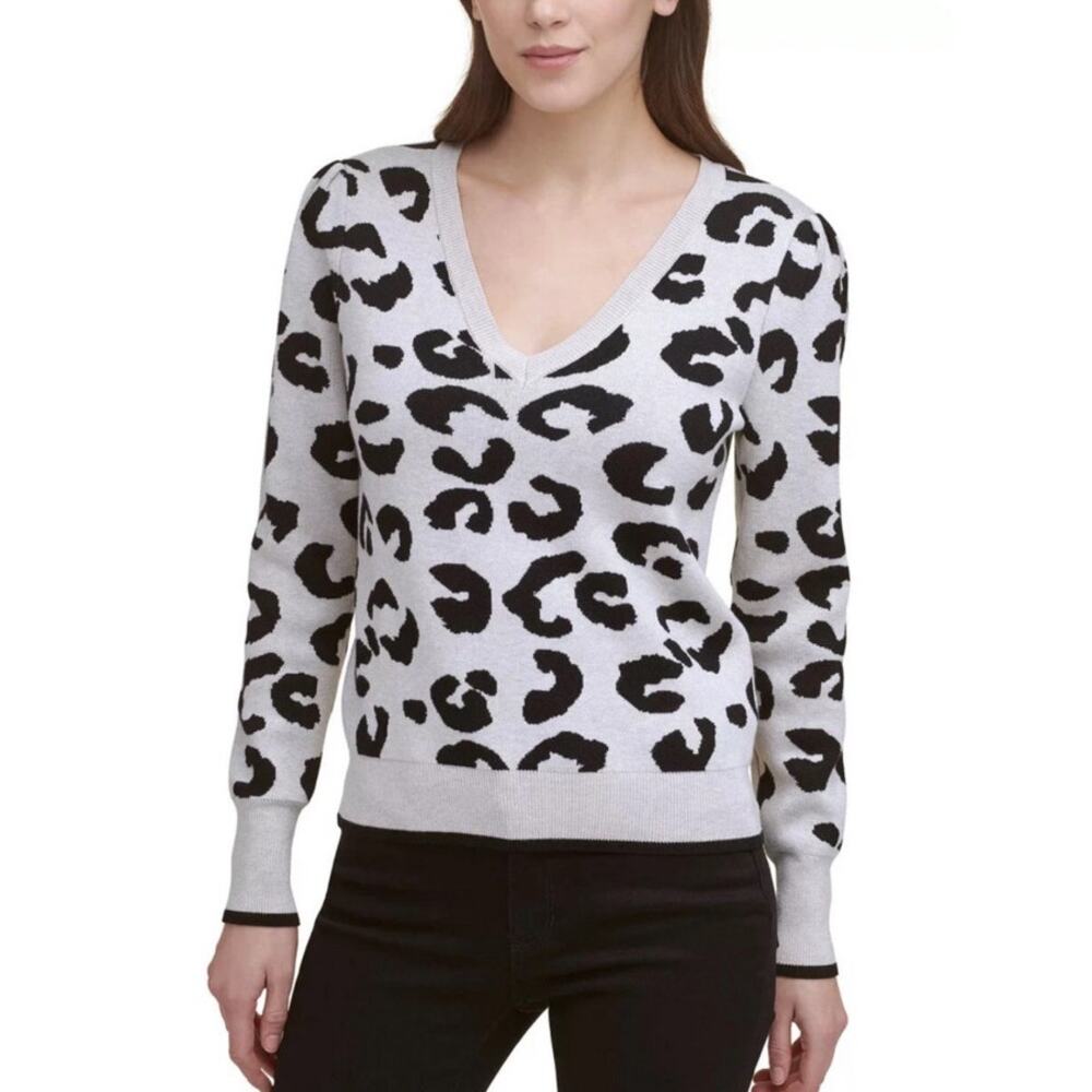 DKNY Womens Cheetah Print Pullover‎ V Neck Sweater Beige Black Size XS